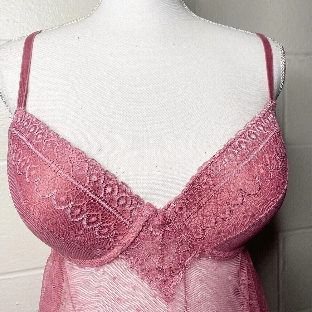 jessica simpson sz Large lingerie pushup baby doll Sequin mesh Top nightie pink